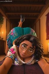 1girl ai_generated breasts brown_eyes cleavage downblouse dress floral_print glasses hi_res high_heels high_quality high_resolution indoors looking_at_viewer lying on_stomach patreon seductive sexy solo spicytoonai tattoo uncensored watermark web_address