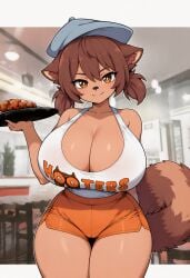 1girl ai_generated big_boobs big_breasts big_thighs boobs boobs_focus curvy curvy_figure female_focus gigantic_breasts hooters_uniform kemonomimi large_breasts latam_virtual_youtuber looking_at_viewer mogambuzz raccoon_ears raccoon_girl raccoon_tail seductive seductive_smile sexy_body sexy_female wide_hips youtuber_girl