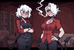 2girls ai_generated cleavage demon demon_girl demon_horns duo helltaker horns malina_(helltaker) red_eyes sisters white_hair zdrada_(helltaker)