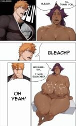 ai_generated bbw big_breasts bleach cum_on_breasts dark-skinned_female dark_skin daulawkins huge_breasts ichigo_kurosaki kurosaki_ichigo meme meme_reference shihouin_yoruichi thank_you yoruichi_shihouin