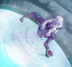 1boy anklet blizzard_entertainment blue_skin body_markings bracelet elf elf_ears elf_femboy elf_male femboy flaccid flaccid_penis hot_spring looking_at_viewer necklace nightborne nipples notnarts nude nude_male sitting solo solo_male warcraft water white_eyes white_hair wine world_of_warcraft
