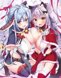 2girls animal_ears aqua_hair breasts breasts_against_breasts bunny_ears cat_ears christmas clothed gloves gray_hair kaniya_shiku kneeling komiya_hitoma large_breasts long_hair nekomimi no_bra open_clothes stockings symmetrical_docking tail thighhighs tied_hair twintails yuri