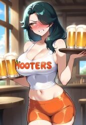 1girls ai_generated black_hair cinder_fall hooters hooters_uniform long_hair rwby tagme