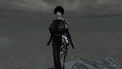 3d big_breasts black_hair darkina_(skibidoa) dress female gala light_skin skyrim solo solo_female thick_thighs voluptuous white_body
