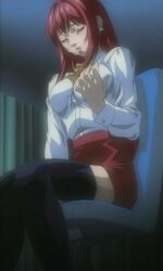 1girls bible_black blouse bowtie breast_grab chair closed_eyes feet_out_of_frame female female_focus female_only fingering_self fingers fondling fondling_breast front_view grabbing_own_breast horny horny_female lingerie lingerie_panties masturbating masturbation masturbation_through_clothing mature_female milf moaning office_chair open_mouth panties pencil_skirt pleasure_face pleasuring_self purple_eyes red_hair screencap self_fondle sensei shirt shirt_tucked_in sitting sitting_chair skirt solo solo_female solo_focus spread_legs squeezing takashiro_hiroko teacher teacher_outfit thick_thighs thighs uncensored underwear viewed_from_below