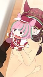 1boy 1girls animal_ears artist_name ass breasts breasts_out brown_hair cum cum_on_object dark-skinned_male dark_skin ejaculation hand_puppet hiding_face horse_girl horse_tail kainearts light-skinned_female light_skin marche_lorraine_(umamusume) newsboy_cap pink_eyes puppet shy smile smiling streaked_hair tail thighs trainer_(umamusume) umamusume umamusume_pretty_derby watermark