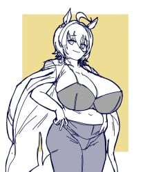 1girl agnes_tachyon_(umamusume) big_boobs big_breasts big_tits bra chubby chubby_female female massgrave mature_female monochrome only_female showing_breasts sketch smile umamusume umamusume_pretty_derby