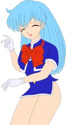 1girls aqua_hair busakumas closed_eyes female gloves highres legs long_hair miniskirt no_panties photoshop short_dress skirt smile stewardess tenjouin_katsura thighs vector_trace yat_anshin_uchuu_ryokou