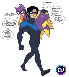 1boy 1girls background barbara_gordon batgirl big_ass carrying_position confident_female confused_female confused_look dc dc_comics dc_super_hero_boys dc_super_hero_girls dialogue dick_grayson djpaint96-ii nightwing shiny_ass
