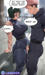 ai_generated anime clothing cumming glasses green_hair itadori_yuuji jeans jujutsu_kaisen lanr0 purple_hair rape skyscraper sukuna_shinmyoumaru torn_clothes zenin_maki