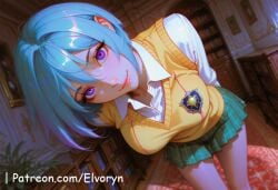 1girls ai_generated ass ass_focus big_ass big_breasts blue_hair blush breasts closed_mouth clothed clothing cute cute_face female female_focus kurono_kurumu large_ass large_breasts light-skinned_female light_skin looking_at_viewer purple_eyes rosario+vampire sexy sexy_body sexy_female sexy_pose standing yellow_eyes younger_female