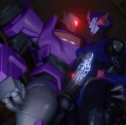 2026 3d 3d_(artwork) 3d_render arcee arcee_(prime) black_body blue_body blue_cum blue_eyes blue_nipples cum female grey_body handjob male mechanical_penis purple_body red_eyes soundpunk501 straight transformers transformers_prime vehicon visor