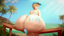 1boy 3d 3d_model 3d_render alternate_version_available ass ass_focus backview bench blonde_hair blue_eyes body_writing broken_bench bulge bulge_through_clothing femboy femboy_focus huge_ass hyper_ass image_set koikatsu massive_ass original original_character otokonoko pawb sitting solas_(artist) writing_on_ass writing_on_body