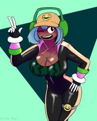 adult_swim big_breasts blaster_master blaster_master_zero_2 blue_hair bodysuit breasts brown_body brown_skin cleavage cosplay dolly_dimpley hat headphones inti_creates kanna_(blaster_master) large_breasts latex latex_clothing pose shiny_breasts smiling_friends thighs