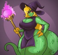 anthro blush captain_dagon claws clothed color dagon789 eliza_(nelljoestar) fanart female_only freckles freckles_on_body green_body hi_res huge_ass huge_breasts huge_tail huge_thighs looking_at_viewer magic_staff neckline purple_eyelids red_eyes scales sexy_body sexy_pose voluptuous voluptuous_female wide_hips witch_costume witch_hat yellow_hair yellow_sclera