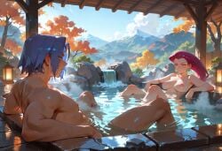 ai_generated areolae big_breasts breasts completely_nude completely_nude_female james_(pokemon) jessie_(pokemon) nintendo nipples onsen pokemon tagme team_rocket