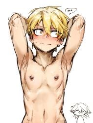 arms_behind_head blonde_hair_male blushing doppel eye_shadow eyeliner fit_male high_school_boy hong_il-tak image_set multiple_images nipple_piercing nipples white_background