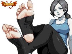 2d 2d_(artwork) ai_art ai_assisted ai_edit ai_generated barefoot dithering feet foot_fetish foot_focus gigatsu limited_palette looking_at_viewer patreon patreon_username pixel_(artwork) pixel_art retro retro_artstyle seductive seductive_pose sole_female soles toeless_legwear toes wii_fit wii_fit_trainer wii_fit_trainer_(female)
