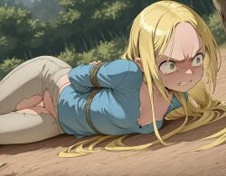 1girl ai_generated angry arms_behind_back blonde_hair blue_shirt blush bondage bound bound_arms breasts bush cleavage clenched_teeth clothing collarbone constricted_pupils crying crying_with_eyes_open female forest green_eyes long_hair long_sleeves lying marcille_donato nature no_panties on_ground on_side outdoors pants pussy restrained rope scared shirt small_breasts solo tears teeth thigh_gap torn_clothes torn_pants torn_shirt tree v-shaped_eyebrows very_long_hair white_pants
