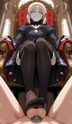 ai_generated chastity_cage clothed_female_nude_male elkazama_yumi fate/grand_order femdom foot_fetish saber_alter stepped_on