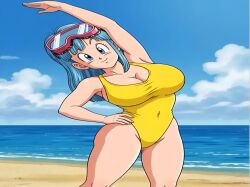 1girls bathing_suit beach beach_background beautiful beautiful_girl big_breasts blue_eyes blue_hair breasts curvaceous curvaceous_body curvaceous_female curvaceous_figure curvy curvy_figure dragon_ball dragon_ball_z female female_focus female_only goggles goggles_on_head maron screencap screenshot solo solo_female solo_focus thick_thighs thighs wide_hips