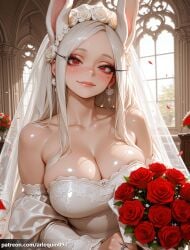 1girl ai_generated animal_ears arlequin097 bare_shoulders blush bouquet breasts bridal_veil bride church cleavage closed_mouth collarbone detached_sleeves dress earrings falling_petals flower hair_flower hair_ornament holding holding_bouquet indoors jewelry large_breasts lips long_eyelashes long_hair looking_at_viewer mirko miruko my_hero_academia parted_bangs petals rabbit_ears rabbit_girl red_eyes red_flower red_rose ring rose rose_petals shiny_skin smile solo strapless strapless_dress upper_body veil wedding_dress wedding_ring white_dress white_flower white_hair white_rose window