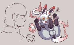bodily_fluids botanics eeveelution electronics erection feral gay generation_6_pokemon generation_8_pokemon genital_fluids glowing glowing_eyes hisuian_form hisuian_zorua human hybrid knot legs_up lying male male/male mammal nintendo nipples on_back phone pokemon pokemon_(species) precum presenting regional_form_(pokemon) sylveon yaoi