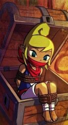 1girls arms_tied_behind_back barefoot black_eyes blonde_hair bondage bound_legs gag gagged in_box legend_of_zelda over_the_mouth_gag pointy_ears tetra wind_waker