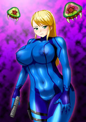 blonde_hair bodysuit breasts female green_eyes huge_breasts human keiryu metroid metroid_(creature) nintendo samus_aran zero_suit zero_suit_samus