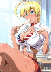 10s 1girls ahoge american_flag american_flag_bikini american_flag_print bikini bikini_top_only blonde_hair blue_eyes blush breasts cleavage collar collarbone crossed_legs dark-skinned_female dark_skin eating female_focus flag_print flag_print_bikini food food_in_mouth front-tie_top green_eyes large_breasts looking_at_viewer mito_ikumi navel popsicle print_bikini shirt shokugeki_no_souma short_hair sitting solo sweat swimsuit washizuka_shou white_shirt