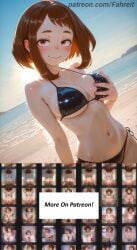 1girl 1girls ai_generated arm_at_side armpit_crease artist_name backlighting bare_arms bare_shoulders beach bikini black_bikini blue_sky blurry_background blush bob_cut boku_no_hero_academia breasts brown_eyes brown_hair cleavage closed_mouth cloud collarbone covered_nipples cowboy_shot day deep_skin dutch_angle eyelashes fahreit grabbing grabbing_own_breast gradient_sky groin halterneck hand_on_own_chest hand_under_clothes hand_up horizon large_breasts lens_flare lips looking_at_viewer medium_breasts medium_hair my_hero_academia navel nose_blush ocean ochako_uraraka outdoors patreon patreon_username sand shiny_clothes shiny_skin shore short_eyebrows short_hair side-tie_bikini_bottom sideboob sidelocks skindentation sky smile solo stable_diffusion standing stomach strap_gap string_bikini sun sunlight sunrise sunset swept_bangs swimsuit thick_eyebrows underboob upper_body upturned_eyes uraraka_ochako water