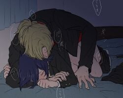 2boys amajiki_tamaki anal arm_support bed belt black_belt black_pants blue_hair blush boku_no_hero_academia buttoned_cuffs buttons closed_eyes clothes_pull commentary_request gakuran hair_between_eyes jacket layered_sleeves long_sleeves male_focus male_penetrated multiple_boys pants pants_pull parted_bangs ponytail prone_bone red_shirt school_uniform sex shirt tama4664amat togata_mirio unworn_clothes yaoi