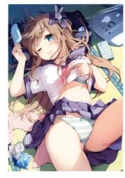 1girl absurdres ass_visible_through_thighs blue_eyes blue_skirt blurry blush bokeh bow bow_panties bra brown_hair cameltoe cellphone clothes_lift depth_of_field electric_fan food hair_bow hair_ornament hand_fan highres holding holding_food hot leg_up lifting_own_clothes long_hair lying melonbooks miniskirt miyase_mahiro navel neckerchief on_back on_floor one_eye_closed open_mouth original panties phone pleated_skirt popsicle rabbit_hair_ornament red_neckerchief sailor_collar sailor_shirt school_uniform serafuku shadow shirt shirt_lift skirt smartphone solo striped_bra striped_clothes striped_panties thighs underwear upskirt very_long_hair