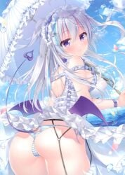 1girl absurdres ahoge aqua_hair ass bare_shoulders blush breasts cameltoe chain closed_mouth day demon_tail demon_wings dress frills garter_belt grey_hair hair_between_eyes highres holding holding_umbrella komiya_hitoma long_hair looking_at_viewer looking_back maid_headdress medium_breasts multicolored_hair original outdoors panties petals purple_eyes sky smile solo standing striped_clothes striped_panties tail thighhighs thong thong_panties umbrella underwear white_thighhighs wings