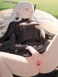 1girls ai_generated black_dress black_eyes blush butterfly_hair_ornament dress echidna_(re:zero) eyebrows_visible_through_hair eyelashes hair_ornament long_hair long_sleeves pale_skin patreon patreon_username re:zero_kara_hajimeru_isekai_seikatsu white_hair xzollosez