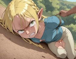 ai_generated arms_behind_back blonde_hair elf imminent_rape marcille_donato pussy pussy_peek slave tagme tears torn_clothes torn_pants