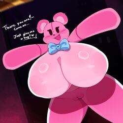 2d 2d_(artwork) animal_ears animate_inanimate anthro bear big_breasts blushing boobs bowtie breasts doll female female_only huge_breasts living_plushie lovedoll_toy_factory naked naked_female no_nipples nude pink_body pink_fur plushie pov pussy self_upload sheerly smile solo teddi_(gremlingrounded) voluptuous wide_hips