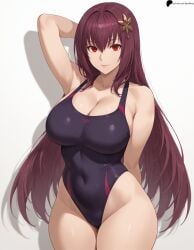 1girl 1girls ai_generated arm_behind_back arm_behind_head armpit_crease armpits bangs bare_shoulders big_breasts breasts cleavage closed_mouth collarbone covered_navel fate/grand_order fate_(series) female female_only hair_ornament hi_res high_quality high_resolution highres large_breasts light light-skinned_female lips long_hair looking_at_viewer nose one-piece_swimsuit opal_nemy patreon_logo patreon_url patreon_username plain_background purple_hair red_eyes scathach_(fate) self_upload shadow shiny shiny_clothes shiny_hair shiny_skin simple_background solo standing swimsuit thick_thighs thighs watermark white_background wide_hips