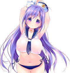 1girl ahoge anchor arms_up bikini blue_bikini blue_sailor_collar blush breasts choker covered_nipples earrings hat jewelry large_breasts long_hair looking_at_viewer navel original piyodera_mucha purple_hair sailor_bikini sailor_collar sailor_hat see-through_silhouette side-tie_bikini_bottom simple_background solo swimsuit tears very_long_hair white_background