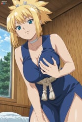 1girl ai_generated bangs bare_shoulders blonde_hair blue_dress blue_eyes blue_sky breasts choker cleavage closed_mouth cloud collarbone day dr.stone dr_stone dress grabbing_own_breast heeven indoors kohaku_(dr.stone) large_breasts leaning_forward looking_at_viewer ponytail sky sleeveless sleeveless_dress smile solo thighs tree window