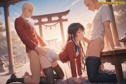 1girl 2boys 3boys ai_generated all_fours ass_grab bald black_hair black_socks black_thighhighs blazer blue_bow blue_bowtie blush bow bowtie breasts brown_footwear censored classroom_of_the_elite clothed_sex clothes_lift clothes_pull cloud collared_shirt day doggystyle double_penetration faceless faceless_male fellatio from_side group_sex hair_ribbon hetero horikita_suzune jacket large_breasts loafers long_hair long_sleeves medium_breasts mmf_threesome mosaic_censoring multiple_boys necktie oral outdoors pants penis pleated_skirt red_eyes red_jacket ribbon rope school_uniform sex sex_from_behind shirt shoes skirt skirt_lift sky socks spitroast stone_lantern thighhighs threesome torii underwear white_shirt white_skirt youkoso_jitsuryoku_shijou_shugi_no_kyoushitsu_e