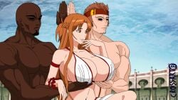 1girls 2boys accurate_art_style agil andrew_gilbert_mills aphrodite_(shuumatsu_no_valkyrie) areolae asuna_(sao) big_breasts bikini bikini_only blonde_female breast_grab breast_hold breast_lift breasts brown_eyes brown_hair busty dark-skinned_male dark_skin deity edit erect_nipples female female_focus goddess hourglass_figure huge_breasts klein large_breasts light-skinned_female light-skinned_male light_skin long_hair male meme not_my_art screencap servants_holding_aphrodite's_breasts_(meme) shuumatsu_no_valkyrie sword_art_online tsuboi_ryoutarou white_bikini wide_hips yuuki_asuna