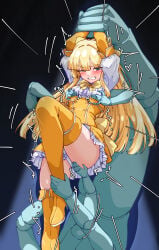1girl bakasp-lilzy blonde_hair blue_eyes blush boots bound bow breasts clenched_teeth commentary elbow_gloves english_commentary gloves grabbing_another's_breast groping hair_bow heropin high-waist_skirt highres long_hair magia_sulfur magical_girl mahou_shoujo_ni_akogarete one_eye_closed open_mouth panties restrained shirt skirt small_breasts sweat tears teeth tenkawa_kaoruko thigh_boots tickling underwear very_long_hair white_panties white_shirt yellow_boots yellow_bow yellow_gloves yellow_skirt