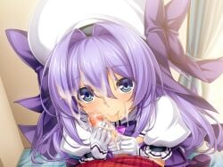 1boy 1girl after_fellatio aged_down blue_eyes blush bow censored chest_jewel cum cum_on_body cum_on_hair curtains facial game_asset gloved_handjob gloves hair_bow hair_intakes handjob hat hat_bow hetero inoino katsuragi_marina katsuragi_marina_(exs-tia_p) kouyoku_senki_exs-tia long_hair looking_at_viewer magical_girl mosaic_censoring non-web_source official_art pastel_marie penis pov puffy_sleeves purple_bow purple_hair self-datamine smile solo_focus variant_set visual_novel_cg white_gloves