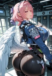 1girl ahoge ai_assisted ai_generated angel angel_wings ass bangs black_wings breasts closed_mouth curvaceous curvy curvy_female curvy_figure feathered_wings female hair_ornament halo harpy indoors large_breasts looking_at_viewer low_wings mini_wings miyuai pink_eyes pink_hair pointy_ears remielle_dan short_hair skindentation smile solo thick thick_ass thick_butt thick_hips thick_legs thick_thighs voluptuous voluptuous_female white_wings wide_hips wide_thighs wings zenless_zone_zero