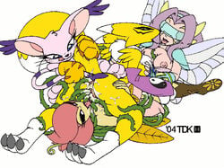 2004 4_wings breasts digimon fairimon fairy fairy_wings fairymon female female_only gatomon kazemon leaf leaf_wings leaves lillymon multiple_girls plant plant_girl pussy renamon tailmon tdk tentacle vine_hair vines visor visor_(eyewear) wings yuri