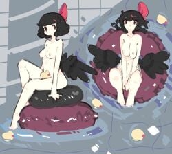 1girls black_hair breasts convenient_censoring hair hair_ornament light-skinned_female nude nude_female petite red_eyes rose_(zako_sketch) rubber_duck short_hair tagme warm_up_doodle water white_skin wings zako_sketch