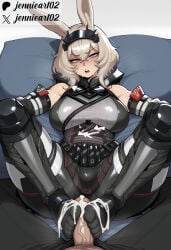 1boy 1girl ai_generated animal_ears armor artist_name bare_shoulders black_pants black_skirt blue_eyes blush bodysuit breasts clothed_sex clothing crossed_bangs cum cum_on_body cum_on_clothes cum_on_feet detached_sleeves elbow_gloves erection feet female footjob full_body gloves grey_hair hair_between_eyes hetero jennieart02 large_breasts looking_at_viewer lying male medium_hair no_shoes on_back open_mouth pants pantyhose patreon patreon_logo patreon_username penis penis_out pillow pov_crotch rabbit_ears semen short_hair skirt sleeveless solo_focus spread_legs sweat teeth thighs toenails toes twitter twitter_username two-footed_footjob veins veiny_penis watermark
