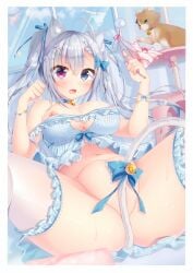 1girl absurdres animal_ear_fluff animal_ears bare_shoulders bell between_legs blue_bow blue_choker blue_eyes blue_nails blue_ribbon blue_sky blush bottomless bow breasts brown_cat cat cat_ears cat_girl cat_tail choker cloud cloudy_sky convenient_censoring convenient_tail day fang fat_mons fingernails frilled_thighhighs frills hair_between_eyes hair_bow hair_ribbon heterochromia highres holding holding_panties holding_underwear holding_unworn_clothes indoors jingle_bell komiya_hitoma large_breasts long_hair looking_at_viewer lying multicolored_eyes nail_polish navel neck_bell nipple_slip nipples odd_eyes on_back on_bed original panties paw_pose purple_eyes ribbon sidelocks skin_fang sky solo stomach striped_clothes striped_panties tail tail_between_legs tail_bow tail_ornament tail_raised thighhighs underwear very_long_hair white_hair white_thighhighs window
