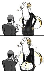 1boy 1girl 2d ass_focus big_ass big_breasts butt hyper_breasts minigonchar nintendo no_background pheromosa pokemon pokemon_(species) sweat ultra_beast whiteskin